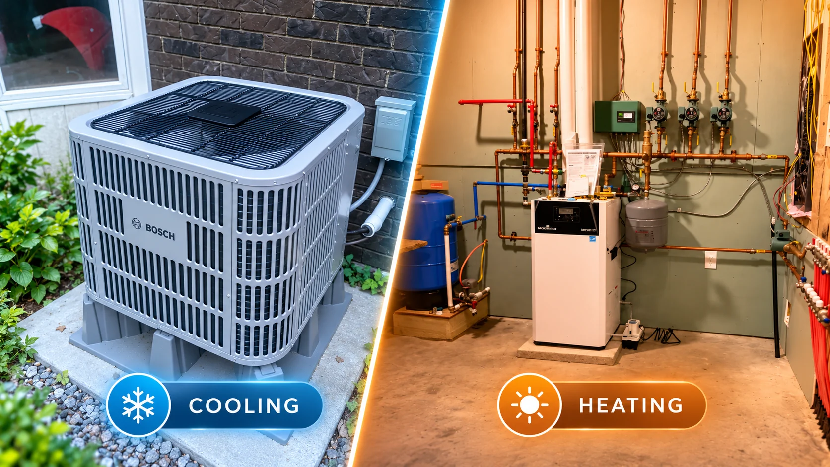 Mt Davis HVAC real project photos: Bosch outdoor cooling system and indoor heating installation side by side